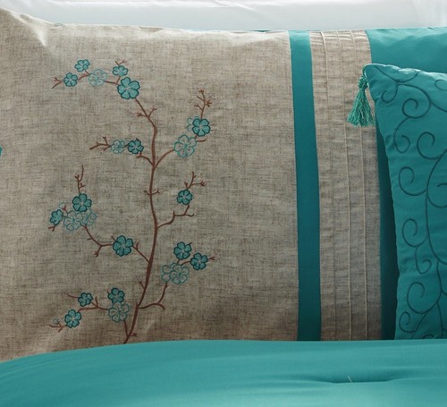 Chezmoi Collection 7-piece Teal Cherry Blossoms Floral Embroidery Comforter Set - Picture 3 of 11