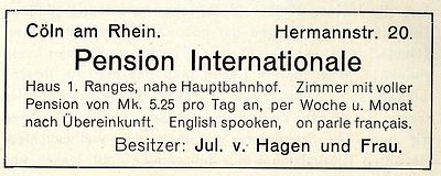 Pension Internationale Ju.v.Hagen und Frau Cöln/ Rhein Historische Annonce 1906