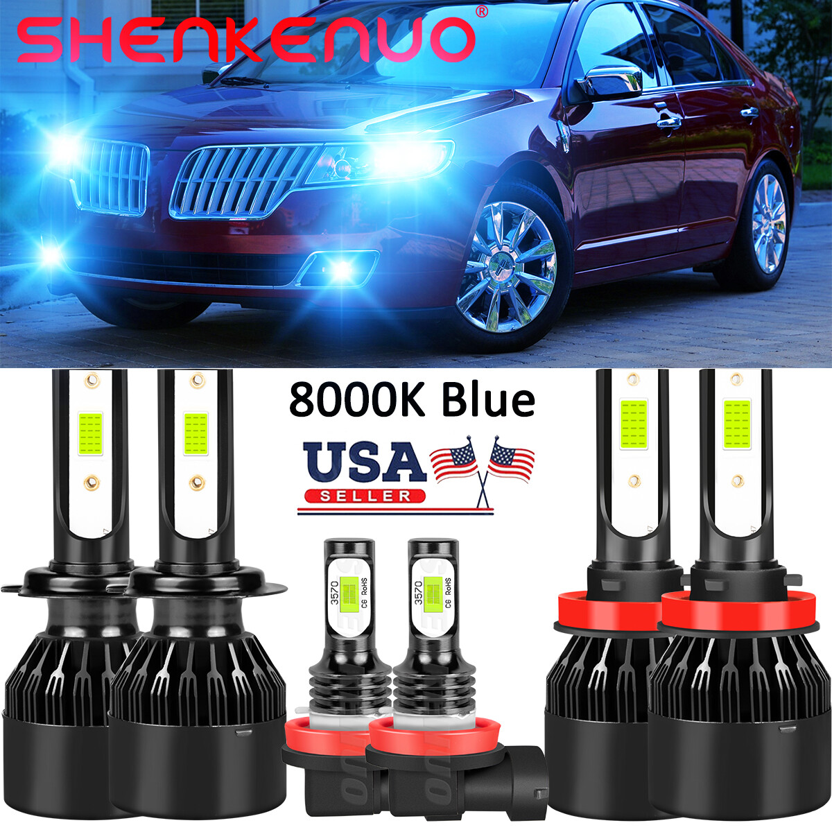 For Lincoln MKZ 2008-2012 8000K Blue LED Headlights High Low + Fog