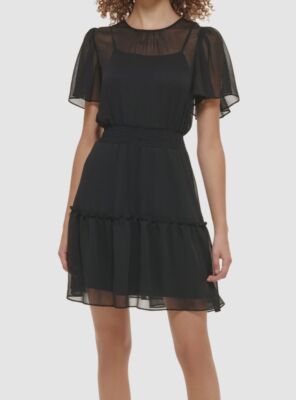 Karl Lagerfeld Paris Women's Black Crinkle Chiffon A-Line Dress Size 12