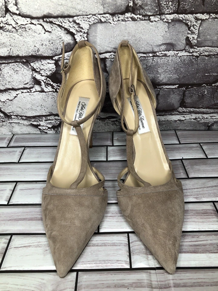 Saks Fifth Ave Taupe Suede Leather Pointed Toe Strap Heels Women Sz 9.5B US/40EU - Image 2 of 4