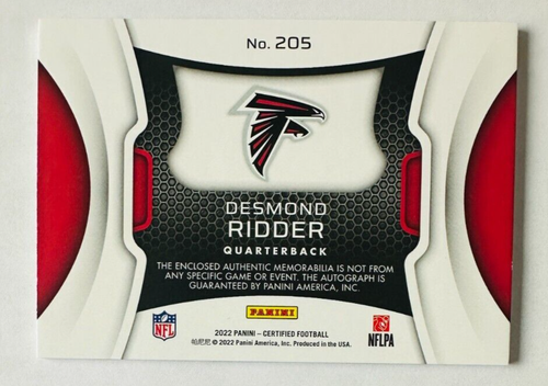 2022 Panini Certified Desmond Ridder AUTO Jersey RC SP #/249 Falcons Rookie! - Picture 2 of 3