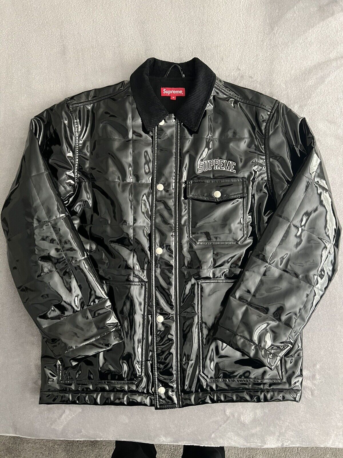 Supreme Black Patent Quilted Jacket Mens Medium | eBay