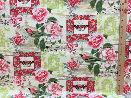 JoAnn Fabric Collage Birds Flowers Music Notes Butterfly Screen Print Cotton - Picture 2 of 4