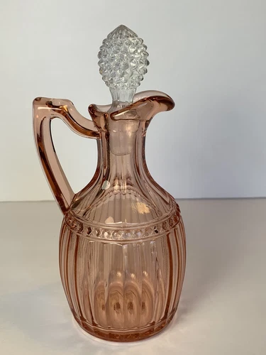 Vintage Imperial Pink Depression Glass Vinegar-Oil Cruet,Stopper Beaded Pitcher