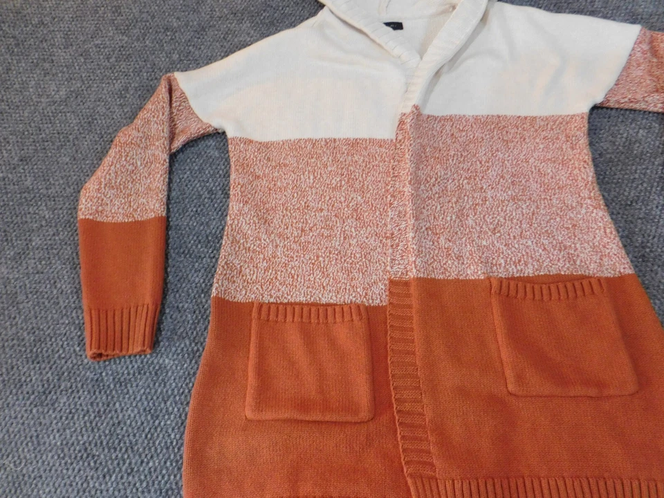 Tahari 毛衣中号橙色女式开衫条纹口袋针织保暖厚重 — 第 3/4 张图片