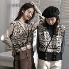 Lady Knitted Vest Cardigan Jumper Sweater Waistcoat Sleeveless Knitwear Retro