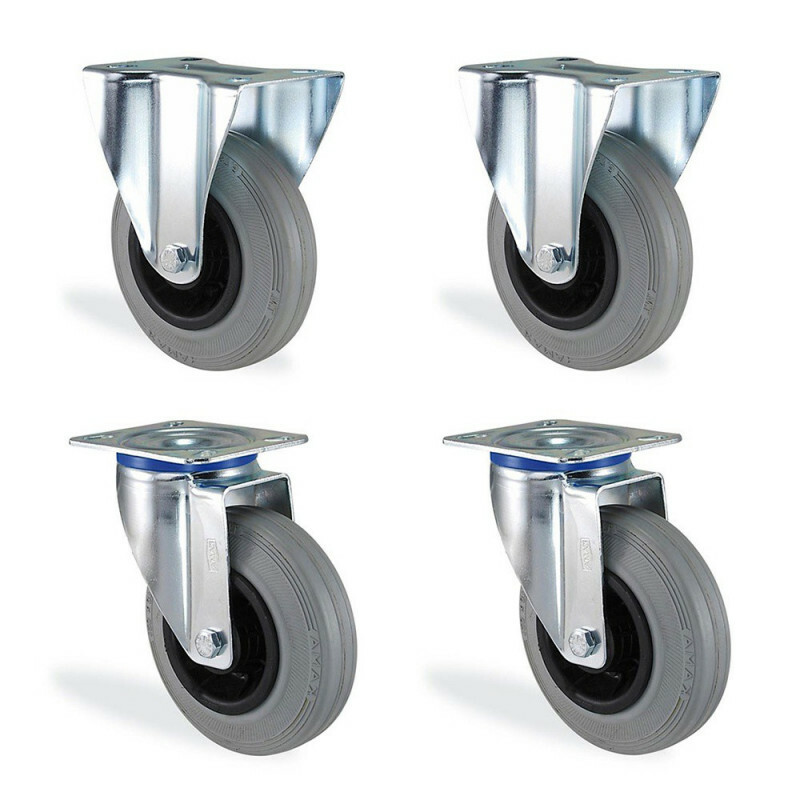 Lot roulettes pivotante et fixe caoutchouc gris souple de 200mm pour chariot