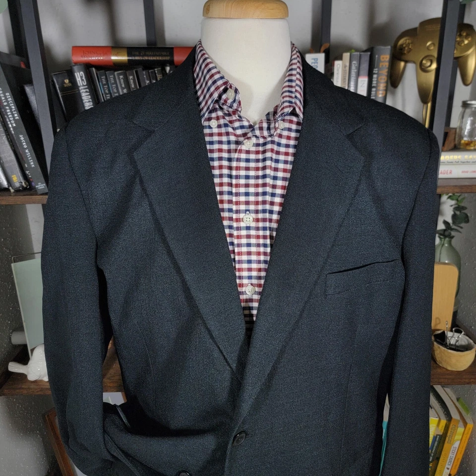 Haband's Gold Coat 男式运动外套西装外套双纽扣黑色聚酯纤维 46R 码 — 第 2/4 张图片