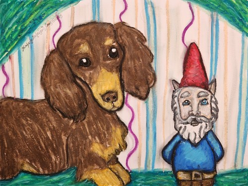 LANGHAARIGER DACKEL Gartenzwerg Hund Kunstdruck 4 x 6 signiert vom Künstler KSams - Bild 1 von 2