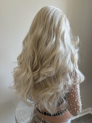 💫Ice Blonde Human Hair Blend Multi Parting Lace Front Wig 24” Layered + Bangs - Picture 10 of 24