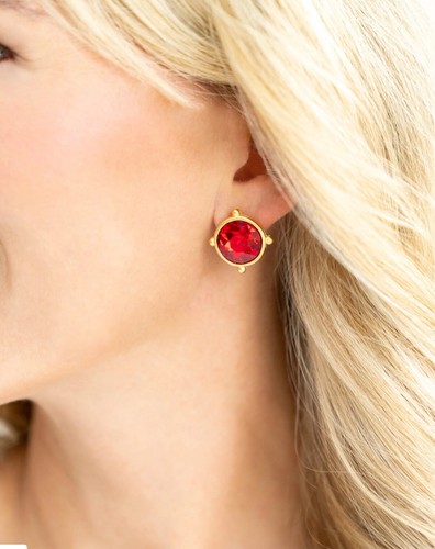 Susan Shaw Earrings Red Crystal Coup Gold Studs 24K TPG Jewelry - Picture 5 of 12