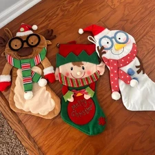 BOUTIQUE Christmas Red Green Set of 3 Elf Reindeer Snowman Festive Stocking
