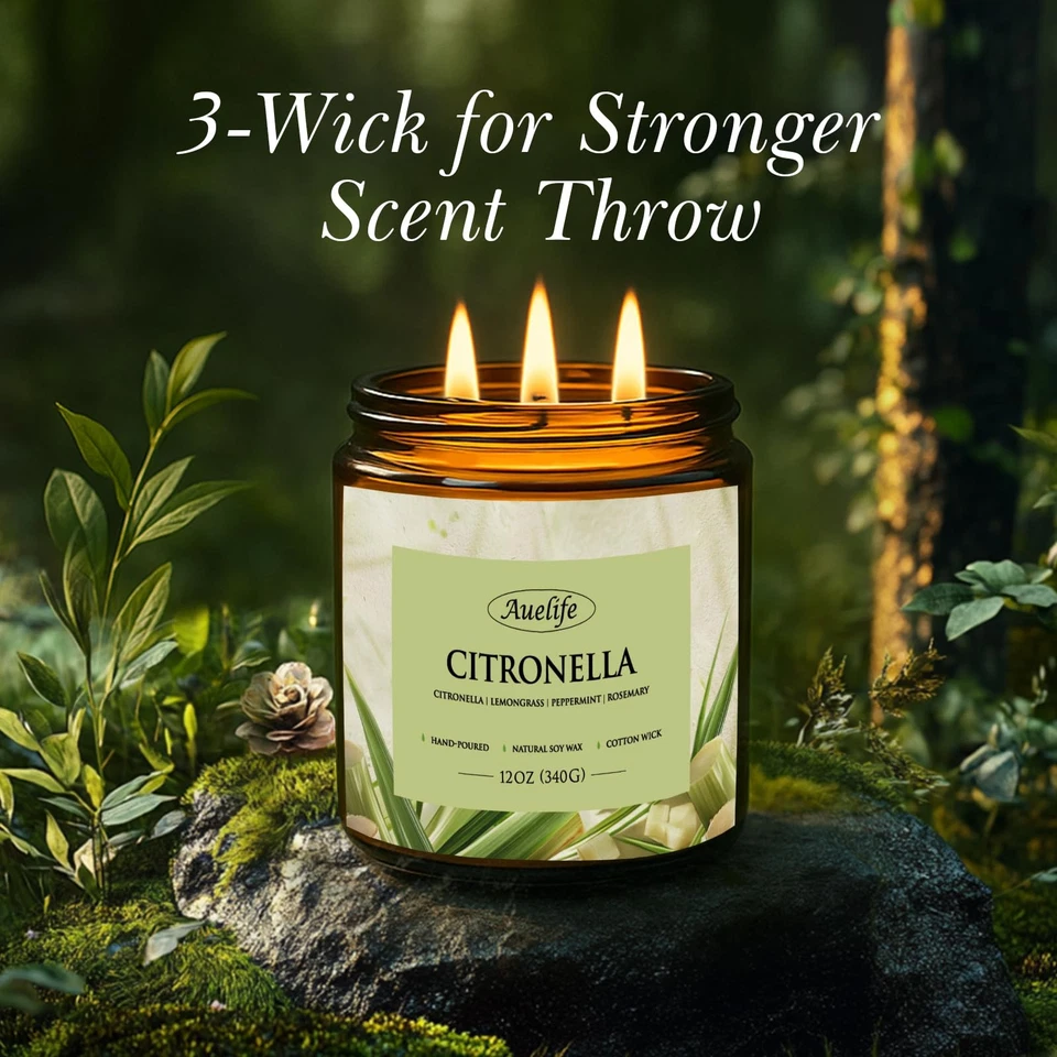 Auelife 12oz Citronella Candle 3 Wick Soy Wax Long Lasting Outdoor Indoor - Image 3 of 4