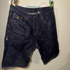 Rocawear Mens Blue Dark Wash Cotton Denim Shorts 5-Pocket Embroidered Button
