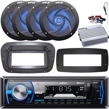 Pyle 1-DIN Marine Receiver W/Kit  Adapter Plate, 4x 4" LED Speakers, Amplifier