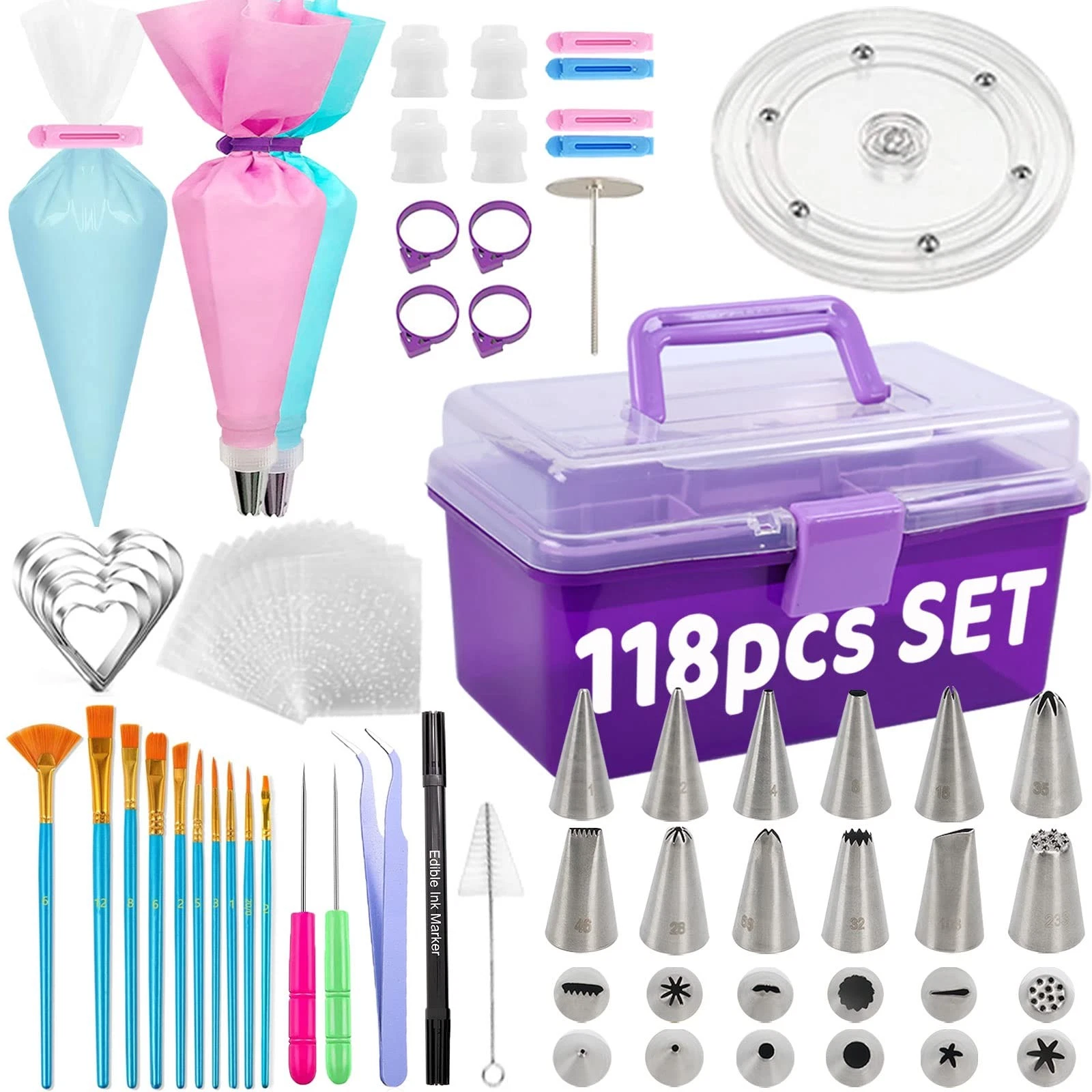 LUSHYUM Cookie Decorating Kit 118pcs with Storage Case, Royal Sugar Piping Ba...