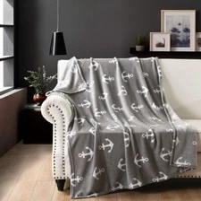Fleece Throw Blanket 50x60 Soft Plush Nautical Decor Anchor Pattern Accent Piece
