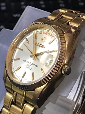 Elgin Presidential 35mm Day Date Golden Quartz Men's Watch RUN
