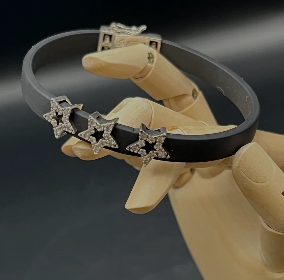 Pulsera de goma negra de plata de ley 925 vintage con 3 estrellas de diamantes de imitación 7,5" Foto 2 de 4