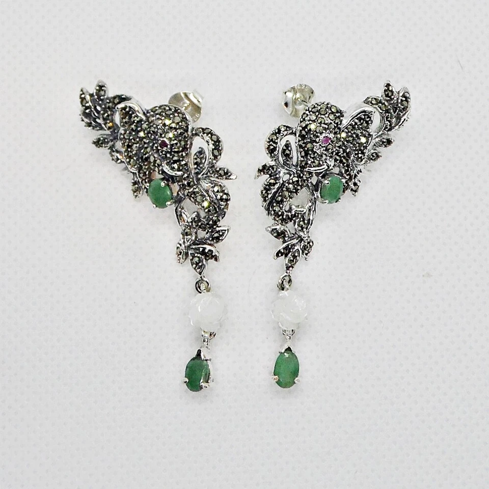 Smaragd Markasit Rubin Perlmutt Ohrhänger ELEFANT 925 Sterlingsilber - Bild 3 von 4