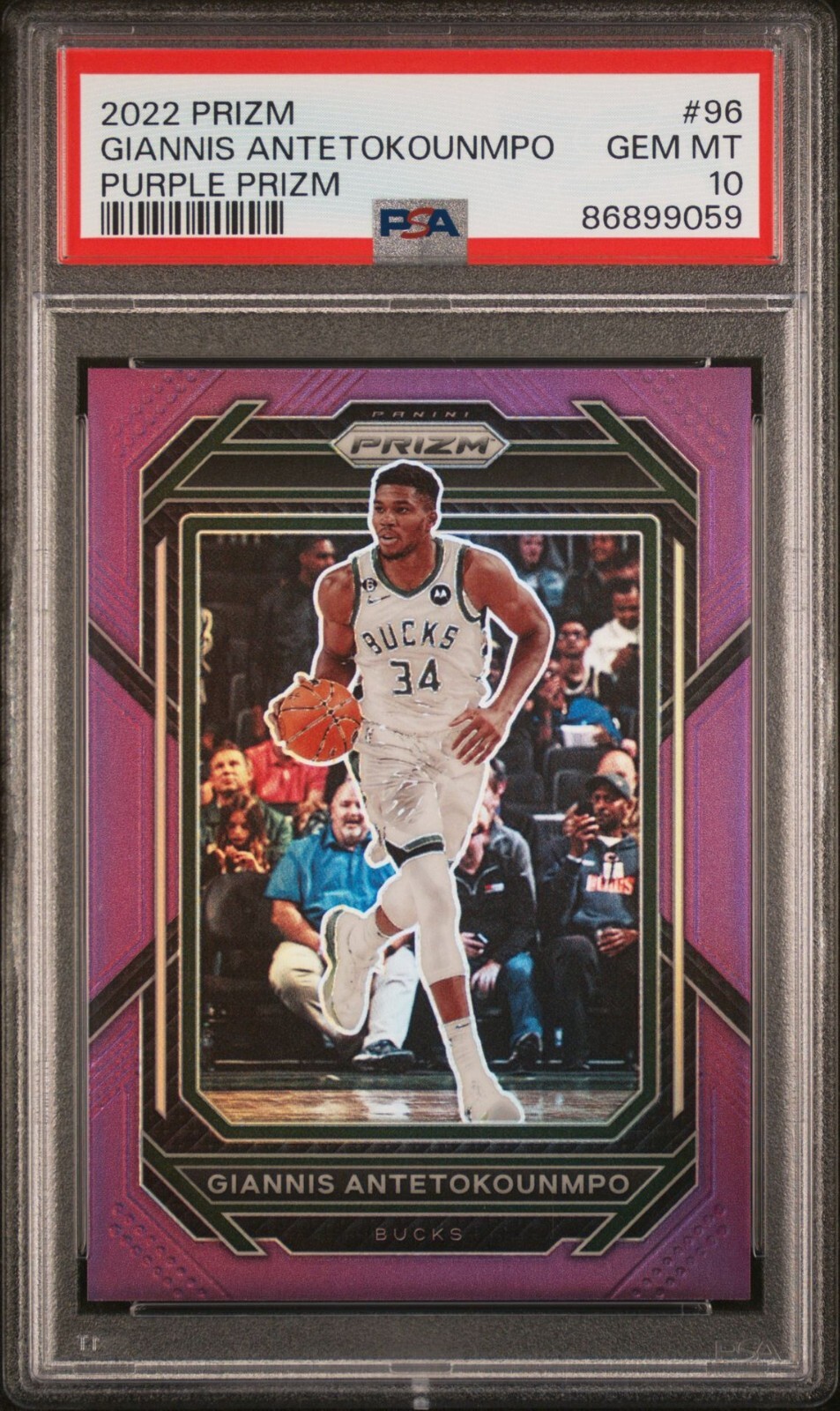 2022 Panini Prizm Giannis Antetokounmpo #96 Purple Prizm /99 PSA 10