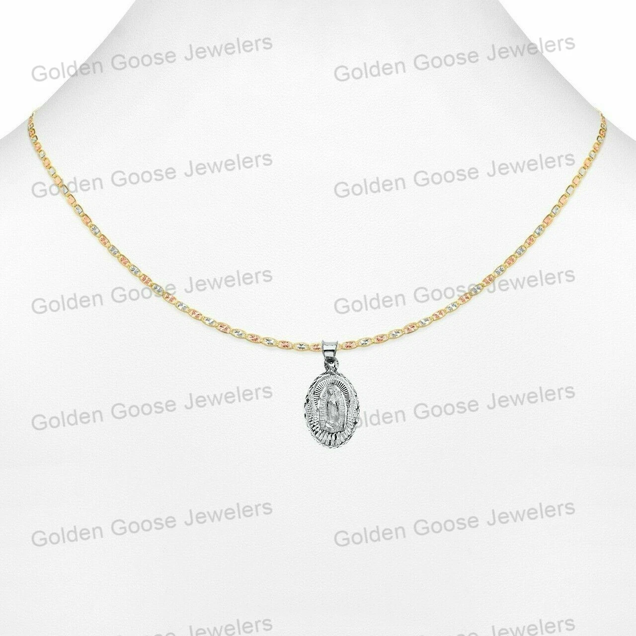 Ciondolo in vero oro bianco 14 kt Guadalupe religioso ciondolo catena Valentino