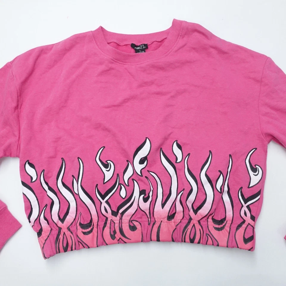 Rue21 Sudadera Recortada Para Mujer Grande Rosa Llama/Fuego Cuello Redondo Algodón Pullover Foto 2 de 4