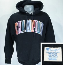CHAMPION Reverse Weave M Medium Vintage Hoodie Sweatshirt Black Embossed Logo