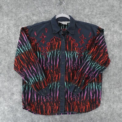 Mine & Bill's Outfitters Shirt Womens Medium Long Sleeve Black Multi Color Loud