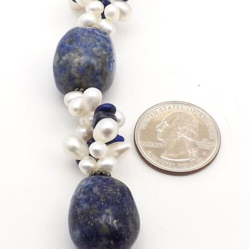 Sterling Silver Blue Lapis Lazuli Large Bead Freshwater Pearl Choker Necklace - Picture 3 of 5