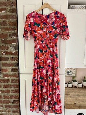 Abel the Label Floral V-Neck Short Sleeve Button Smocked Long High-Low Dress S