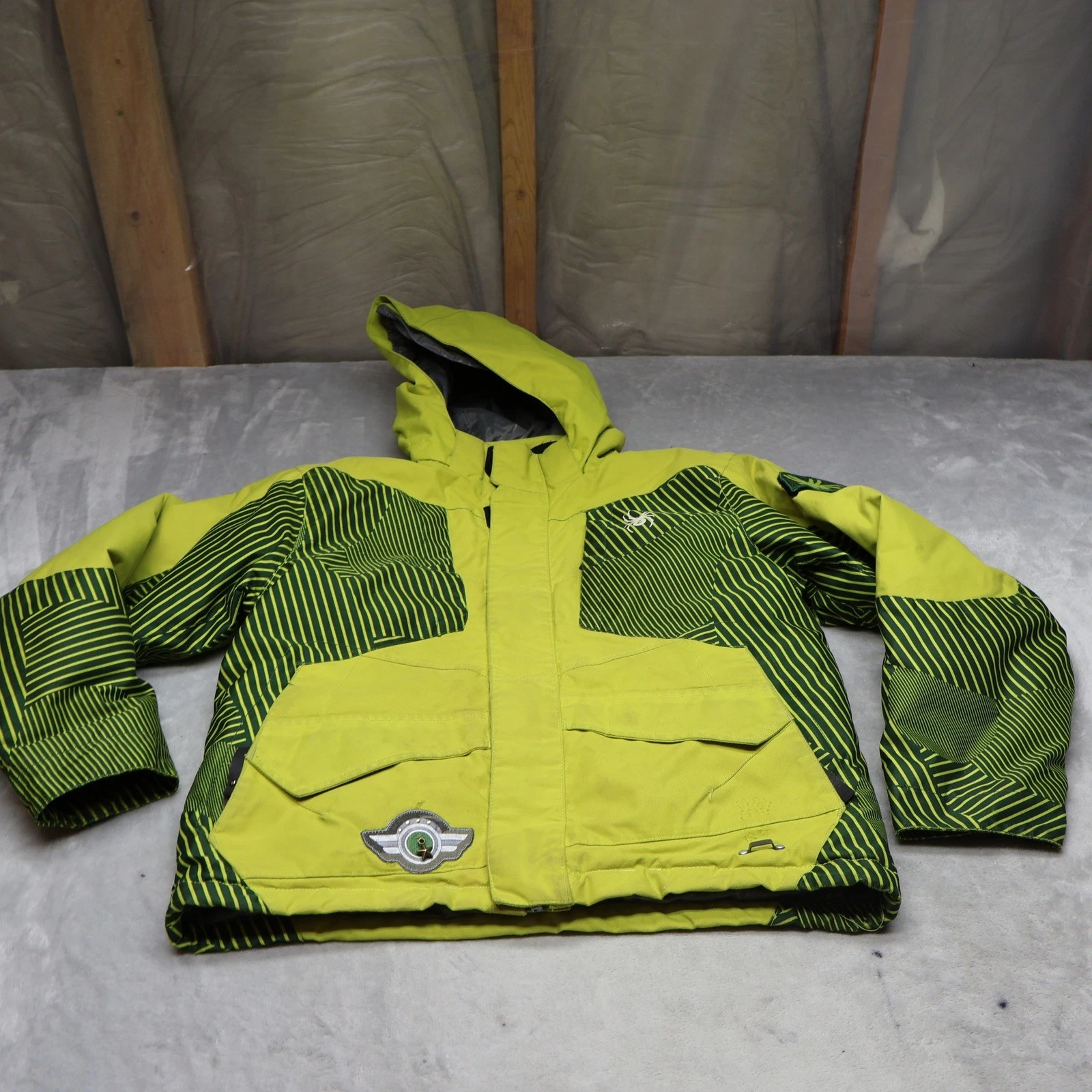 Spyder Ski Jacket Boys 12 Yellow Striped Insulated Full Zip Hooded Winter Snow