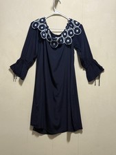 LOFT Ann Taylor Navy Blue Off Shoulder Dress Crochet Embroidered Neckline Sz XS