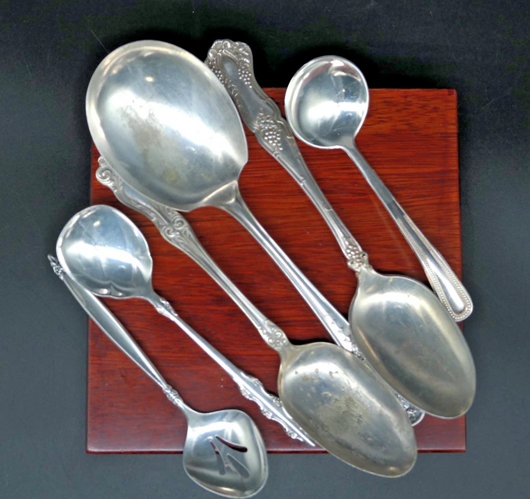 Lovely Lot of Six Silverplated Serving Spoons from Mid-20th Century, Various Mfg