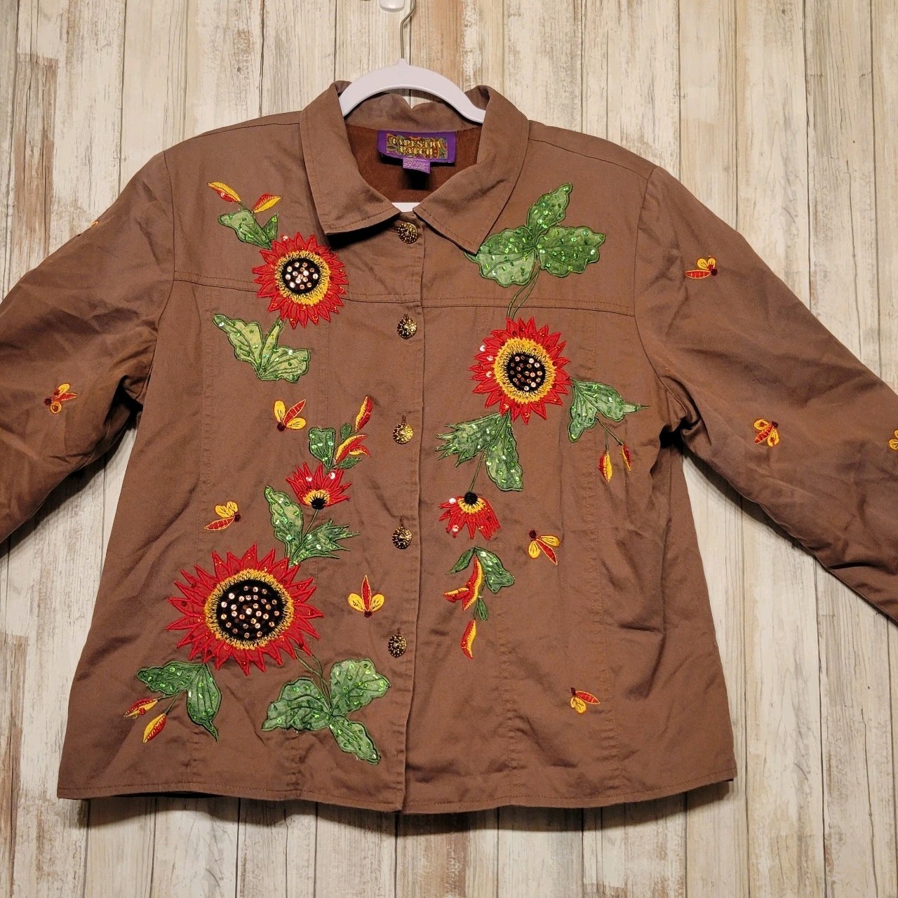 Tapestry Patch Brown Jacket Sequin Sunflowers & D… - image 1