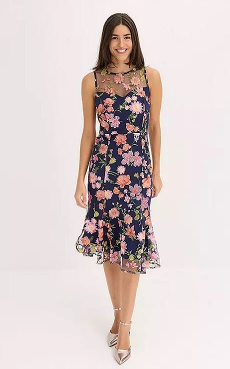Freemans sin Mangas Floral con Vuelo Midi Vestido En Azul Marino GB 12 (fm221-7)