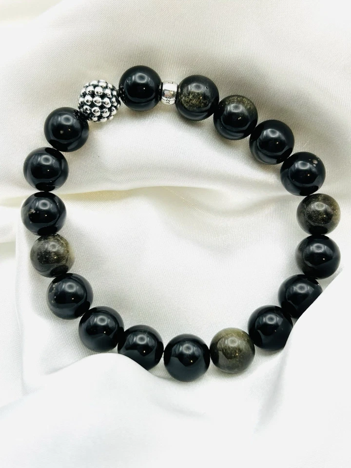 Lagos 鱼子酱 Maya Golden Blk 黑曜石银站串珠弹力手链 Med — 第 3/4 张图片