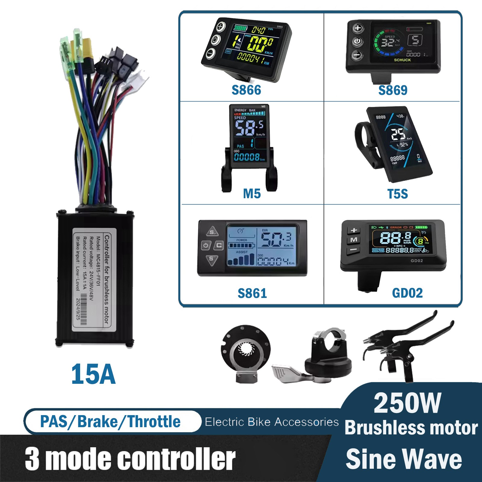 Controller E-Bike 24V/36V/48V 15A con Display Acceleratore Freno PAS per Motore 250W