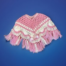 Vintage Handmade Crochet Girls Pink White Fringed Shawl Poncho Pom Pom Tie