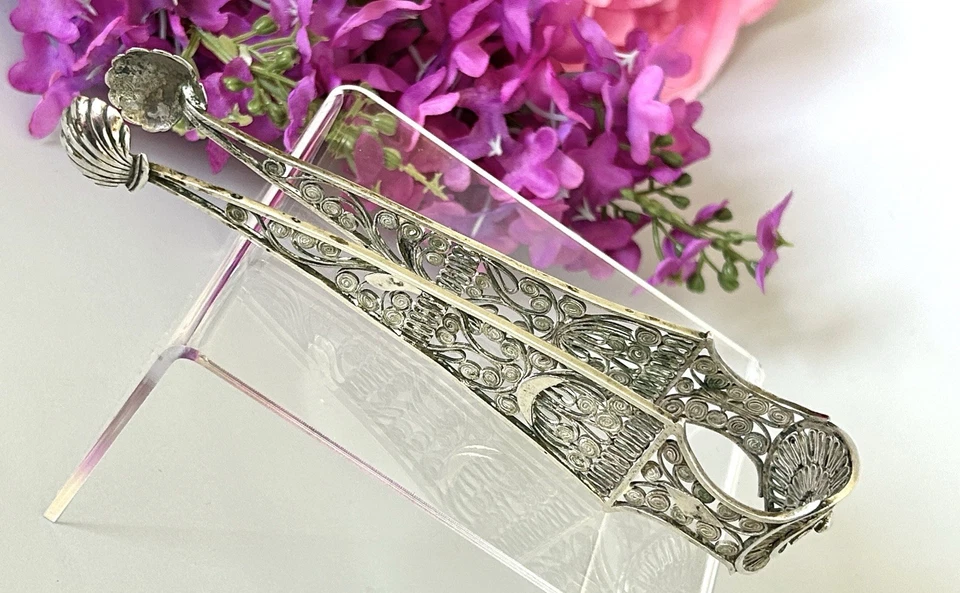 Antique Silver Filigree Sugar Tongs Victorian 5.75”L - Image 3 of 4