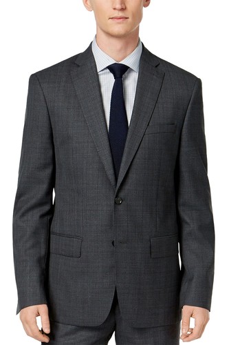 DKNY Mens Slim-Fit Performance Plaid Wool Suit Jacket 44S Grey/Blue - NWT $525
