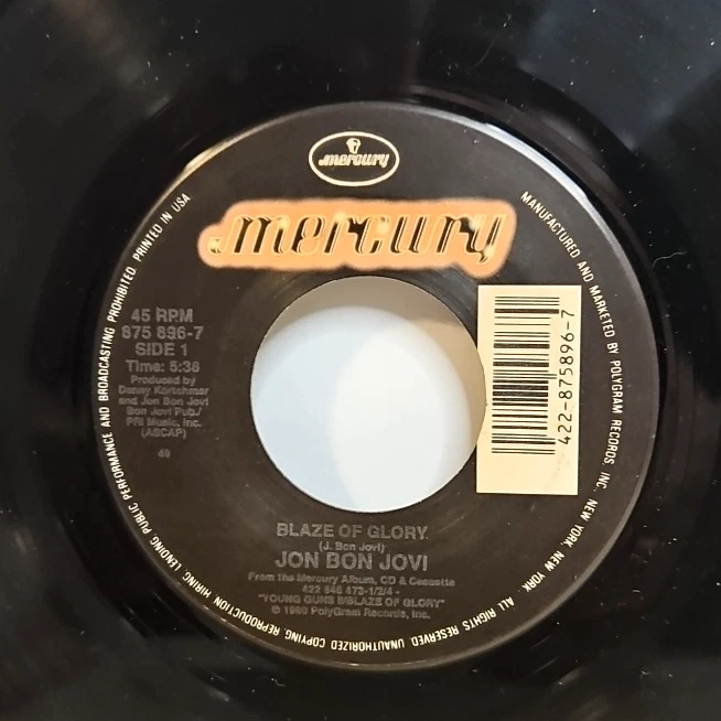Jon Bon Jovi – Blaze Of Glory - 1990 Mercury 875 896-7 7" 45 Single Record - EX - Image 3 of 4
