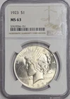 1923 P 90% Silver Peace Dollar NGC MS63