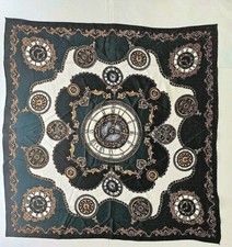 Vtg Peacock Trading Co Scarf 36" Sq Deep Green Gold W Clocks KOREA Silky Soft