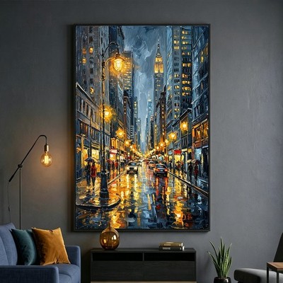 Hand-Painted City Street Night Scene Cityscape Oil Painting Wall Art Home Decor