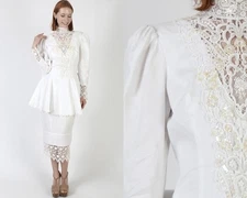 Jessica McClintock 80s Victorian Romantic Style Wedding Gown Linen Beaded W26"