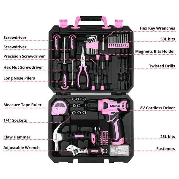 DEKOPRO126PC  Drill Tool Set with 8V Pink Cordless Drill Home Tool Kit with Dril - Image 4 of 4