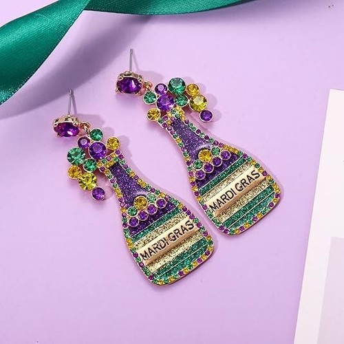 Mardi Gras Earrings for Women Glitter Mask Carnival Drop Earrings Wine Bottle Fl - Picture 6 of 6