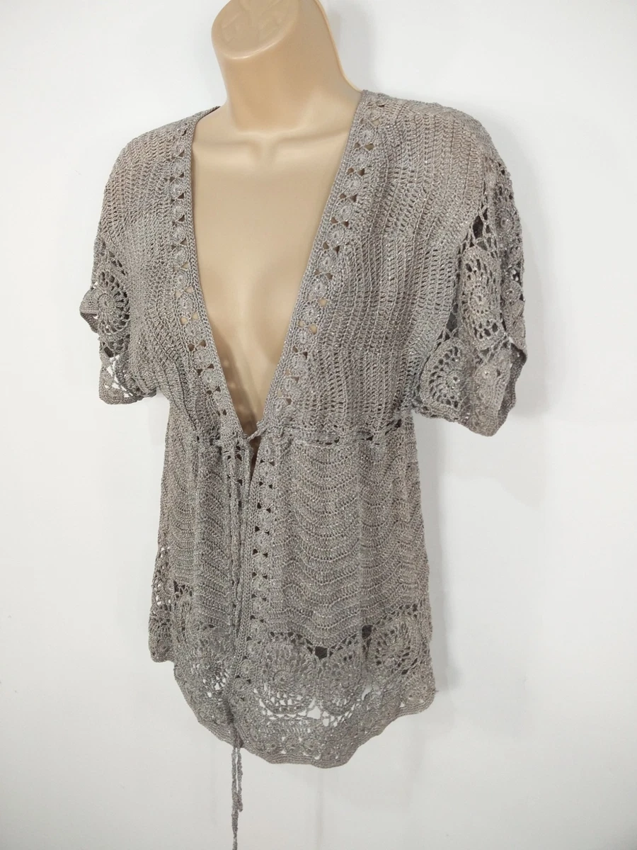 WOMENS PRINCIPLES SIZE UK S SMALL SILVER CROCHET CARDIGAN SHRUG